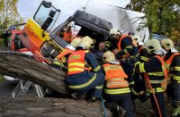 Nákladní auto narazilo do stromu, řidiče transportoval vrtulník